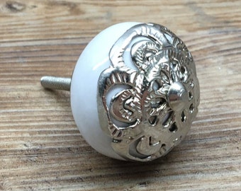 Silver & White Ceramic Knob with Filigree Overlay - Drawer Pull -  Home Decor