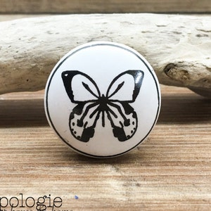 1.5&quot; Butterfly Knob - Black and White Ceramic Butterfly Pull - Garden Nature Theme - Decorative Drawer Pull