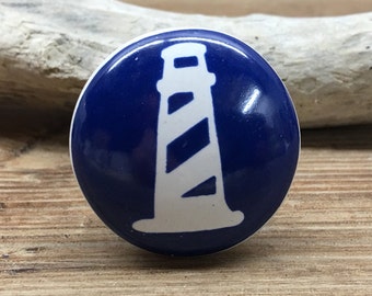 1.5" Navy Blue and White Lighthouse Knob - Nautical Boat Theme Drawer Pull - Primary Colors Nursery - Ceramic Decorative Knobs