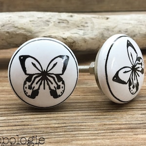 SET OF 2 Butterfly Knobs - 1.5&quot; Black and White Ceramic Butterfly Pull - Garden Nature Theme - Decorative Drawer Pull
