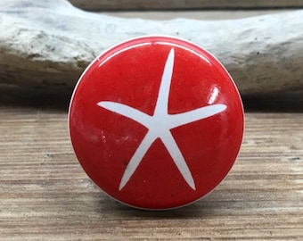 1,5" rode en witte zeester knop - ladeknop nautisch thema - primaire kleuren kinderkamer - zeesterren keramische decoratieve knoppen