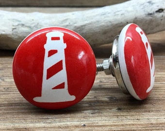 SET OF 2 - 1.5" Red and White Lighthouse Knobs - Nautical Boat Theme Drawer Pull - Primary Colors Nursery - Ceramic Decorative Knobs