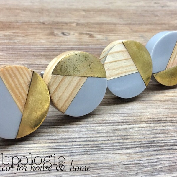 SET OF 6 - Tricolor Grey Distressed Brass and Natural Wood Knob - Round Wood and Gray Resin Wooden Knob - Modern Abstract Drawer Pull