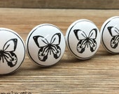 Clearance SET OF 2 Imperfect Butterfly Knobs - 1.5 quot Black and White Ceramic Butterfly Pull - Garden Nature Theme - Decorative Drawer Pull