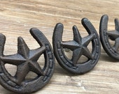 SET OF 4 - Horseshoe Star Knobs - Cast Iron Star Knob Western Horseshoe - Texas Star Knob - Cowboy Cowgirl Drawer Pull - Ranch Nursery Decor