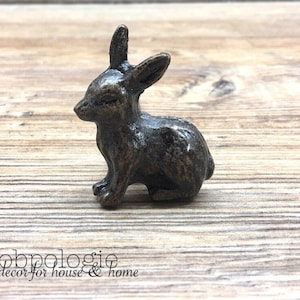 May include: A small, bronze-colored rabbit figurine. The rabbit is sitting with its ears upright and its eyes closed. The figurine is on a wooden surface.