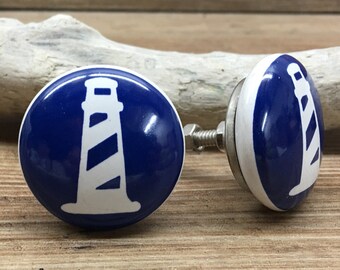 SET OF 2 - 1.5" Navy Blue and White Lighthouse Knob - Nautical Boat Theme Drawer Pull - Primary Colors Nursery - Ceramic Decorative Knobs