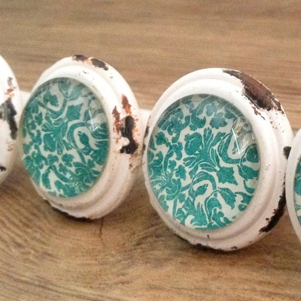 SET OF 2 - Distressed Cream and Teal Floral Metal and Glass Knob - Damask Teal Green Blue Turquoise - Ivory Cream Kitchen Cabinet Decor