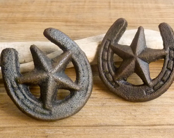 SET OF 2 Horseshoe Star Knobs Cast Iron Star Knob Western Horseshoe