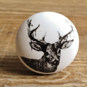 White and Black Deer Antler Knob - Nature Buck Forest Theme - Decorative Drawer Pull - Hunter Baby Boy Nursery - Mancave Ceramic Knobs