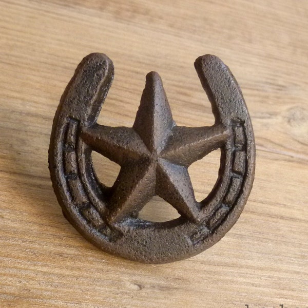 Horseshoe Star Knob - Cast Iron Star Knob with Western Horseshoe - Texas Star Knob - Cowboy Cowgirl Drawer Pull - Ranch Nursery Decor