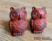 SET OF 2 - Red Pewter Owls - Distressed Red Owl Knob - Furniture Hardware Drawer Pull - Decorative Knob - Bird Owl Nursery Decor