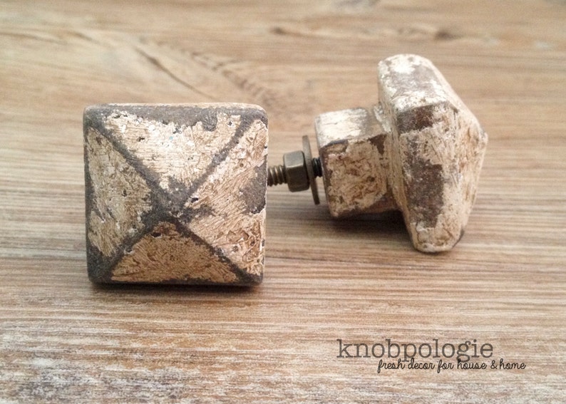 Distressed Wood Pyramid Knob for Drawers or Cabinets Rustic Shabby Chic Dresser Hardware Antiqued Cream Square Wooden Knob