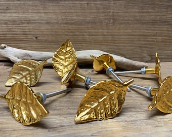 8er Set Holzknäufe - Metallknäufe - Dekorativer Schubladenknauf - Baumblätter - Schrank Küchendeko