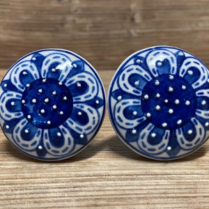 SET of 2 - Large blue and white Ceramic Knob - Flat Face Drawer Pull