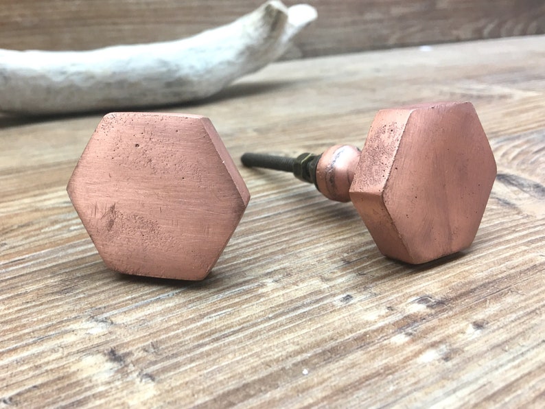 Copper Color Geometric Metal Knob Set of 2 Rose Gold Metal Hexagon Knobs
