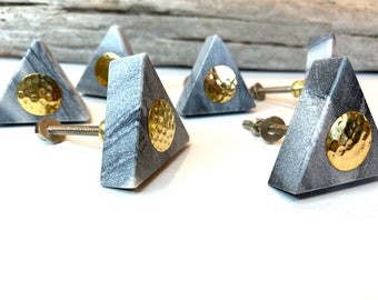 SET OF 8 Triangle Grey Stone and Brass Center Drawer Knobs - Gold and Gray Cabinet Knob - Glimmer Shine Art Deco