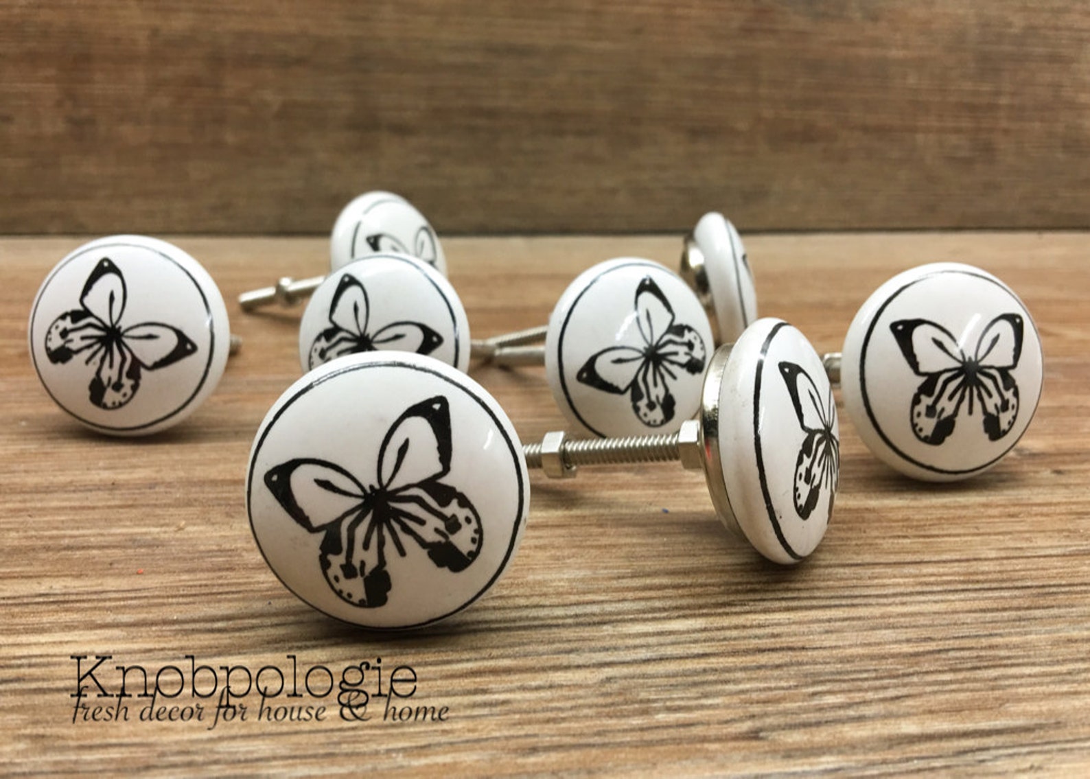 SET OF 8 Butterfly Knobs 1.5 Black and White Ceramic Etsy