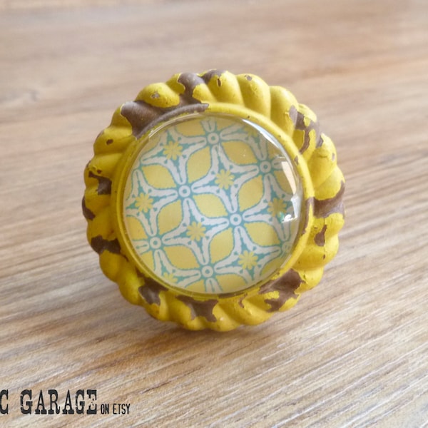 1.75" Yellow Aqua Blue and White Floral Pattern Metal and Glass Face Knob - Drawer Pull - Rustic Cabinet Kitchen Decor