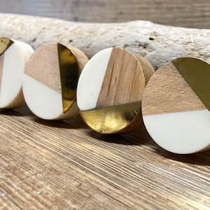 Tricolor Ivory, Distressed Brass, and Natural Wood Knob Round Wood and Cream Resin Wooden Knob Modern Abstract Drawer Pull image 2