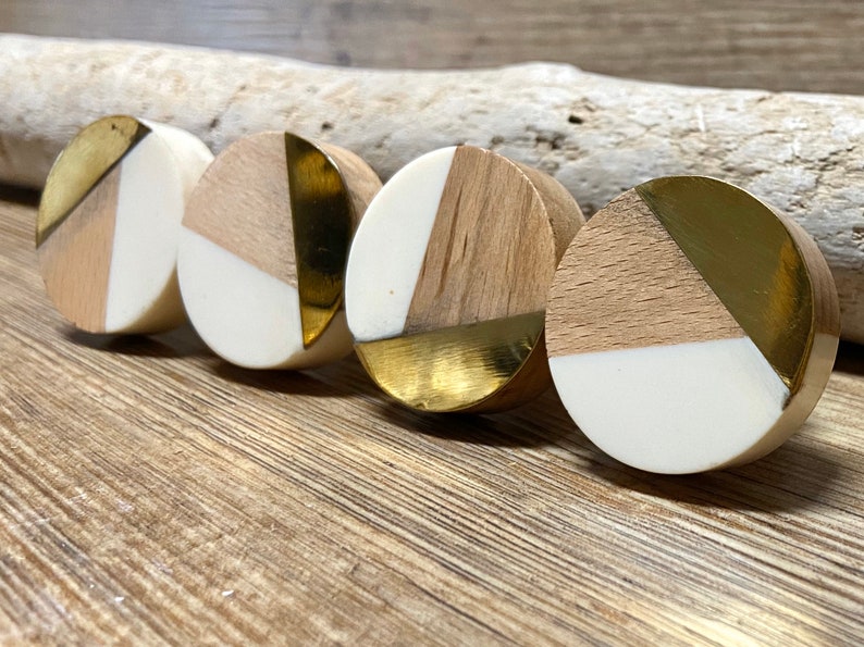 Tricolor Ivory, Distressed Brass, and Natural Wood Knob Round Wood and Cream Resin Wooden Knob Modern Abstract Drawer Pull image 2