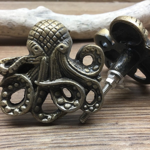 SET OF 2 Antique Bronze Octopus Knobs - Large Metal Knob - Nautilus Squid Beach Nautical Drawer Pull - Ocean Animal Bathroom Nursery decor