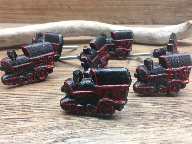 Baby Boy Train Nursery SET OF 2 Train Knobs Steam Engine Red and Black Cast Metal Locomotive Drawer Pull