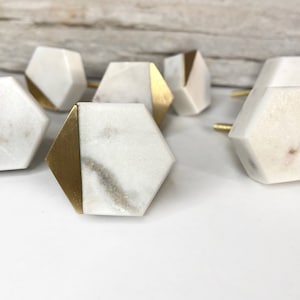 CLEARANCE Set of 8 - Imperfect White Hexagon Marble Stone and Gold Rimmed Knobs - Gold and White Cabinet Knob - Glimmer Shine Art Deco