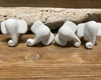 Set of 4 - Large Ivory/Natural White Ceramic Elephant Bust Knobs - Baby Elephant Drawer Pull - Safari Nursery Decor - Decorative Knob