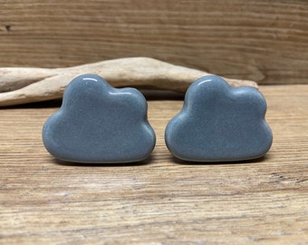 SET Of 2 Cloud Knobs - Grey Ceramic Cloud Dresser Drawer Pull - Whimsical Cartoon Inspired Cabinet Knob