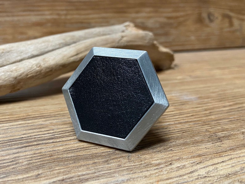 SET OF 2 Black Leather Hexagon Drawer Knobs Pewter Brushed Etsy