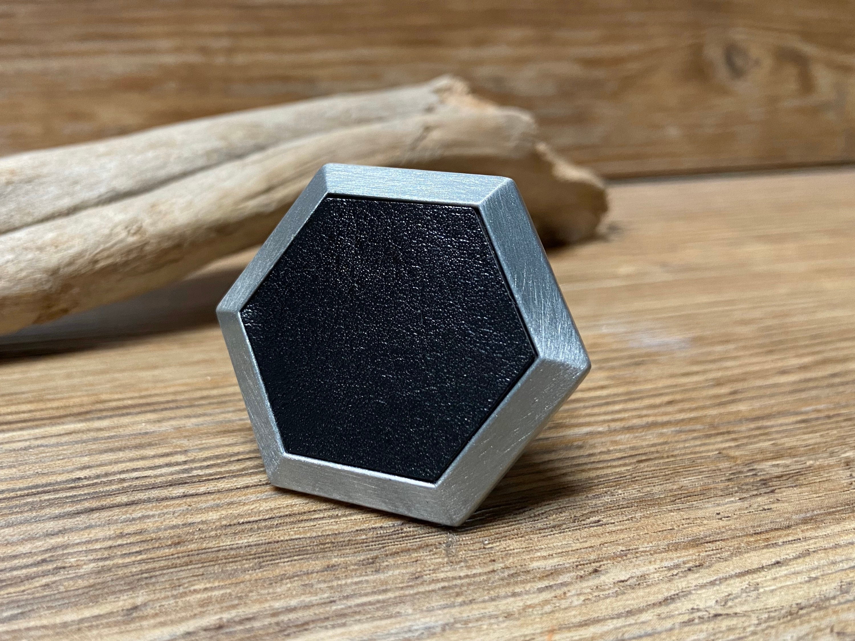 SET OF 2 Black Leather Hexagon Drawer Knobs Pewter Brushed Etsy