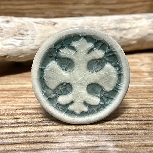 Light Sage Green Glass Ceramic Knob with Fleur d Lis Pattern - Drawer Pull - Decorative Knob - Cabinet Decor