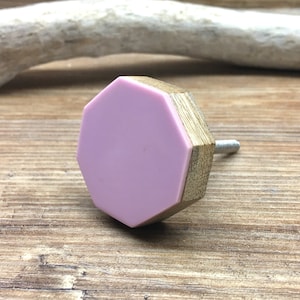 以下が含まれることがあります： 明るいピンク色の六角形の中心部と木製のベースを備えた装飾的なキャビネットノブ。ノブには、簡単に取り付けられるように銀色のネジが付いています。デザインはモダンで、さまざまな家具に適しています。