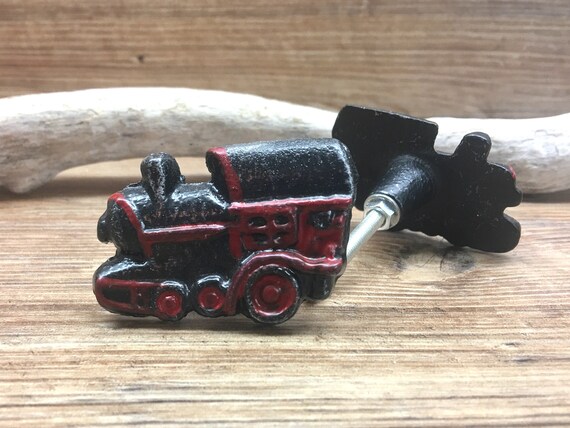 Baby Boy Train Nursery SET OF 2 Train Knobs Steam Engine Red and Black Cast Metal Locomotive Drawer Pull