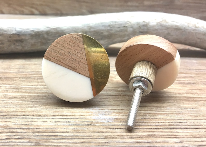 Tricolor Ivory, Distressed Brass, and Natural Wood Knob Round Wood and Cream Resin Wooden Knob Modern Abstract Drawer Pull image 4