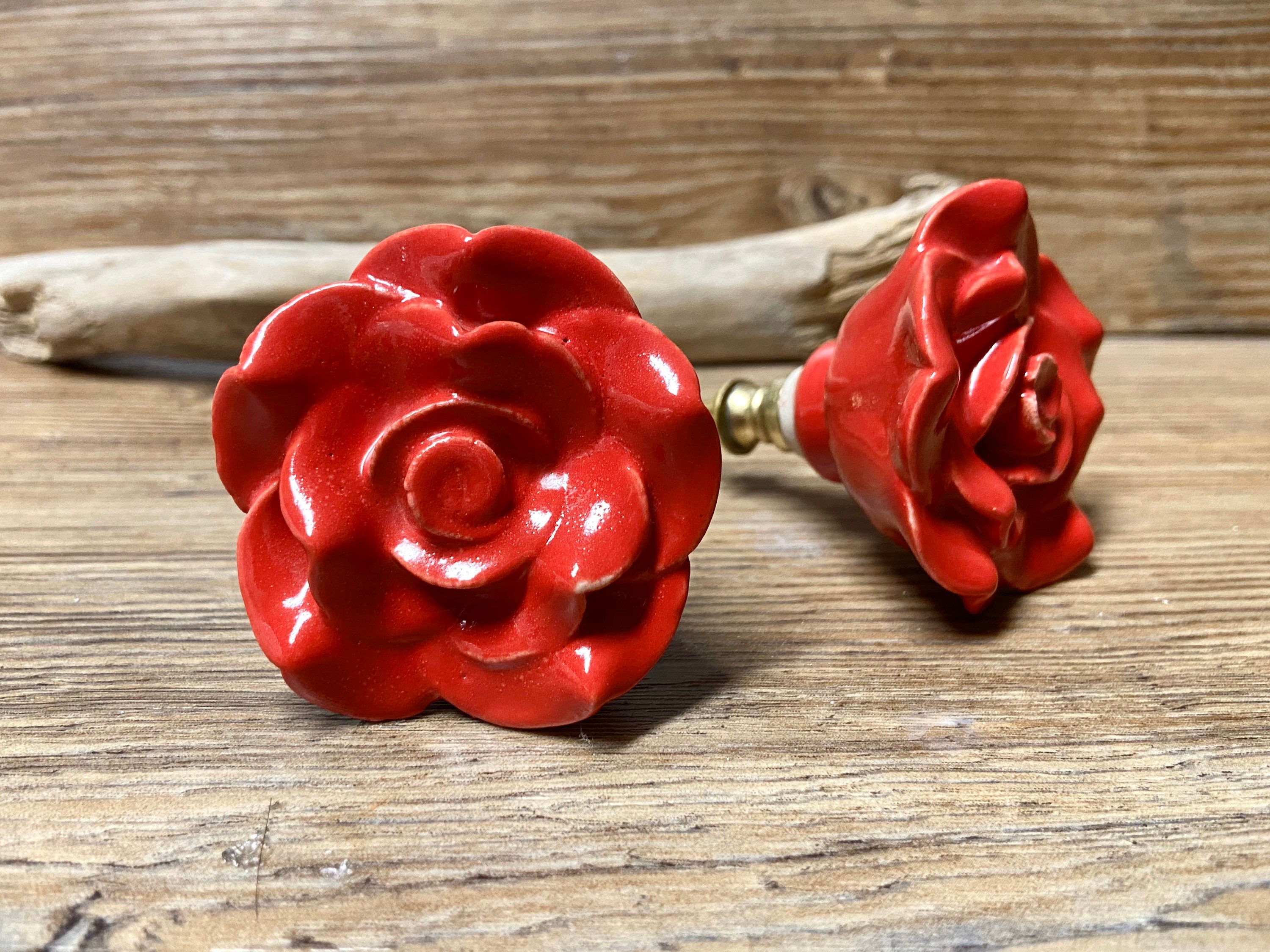 Red Rose Ceramic Knob Large Red Flower Drawer Pull Etsy