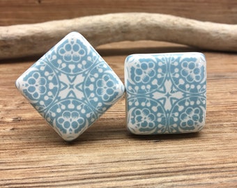 SET OF 2 Square or Diamond White "Lace" Inspired blue and white ceramic Knobs - Rustic  Painted Drawer Pull