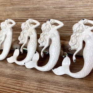 Set of 4 distressed Ivory Cream Mermaid Knob Drawer Handles - Mermaid Tail - Beach Theme - Nautical Nursery decor