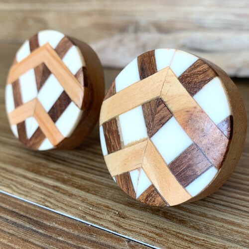 Set of 2 Ivory and Wood Chevron Knobs Round Wood and Cream Etsy
