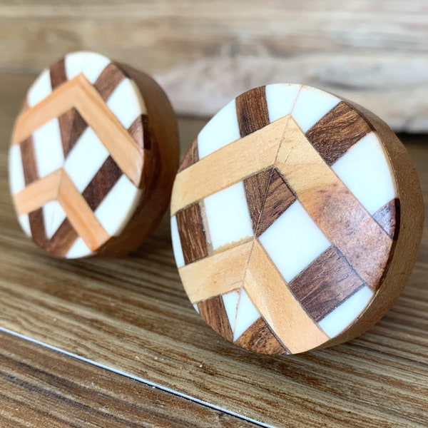 Set of 2 Ivory and Wood  Chevron Knobs - Round Wood and Cream Drawer Pull - Inlay