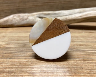 Tricolor Ivory Shell, Ivory Resin, and Natural Wood Knob - Round Wooden Knob - Modern Abstract Drawer Pull