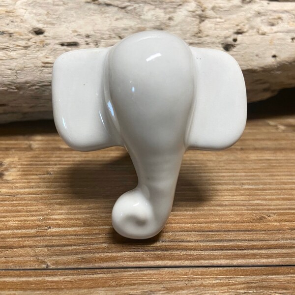 Large Ivory/Natural White Ceramic Elephant Bust Knob - Baby Elephant Drawer Pull - Safari Nursery Decor - Faux Taxidermy Decorative Knob