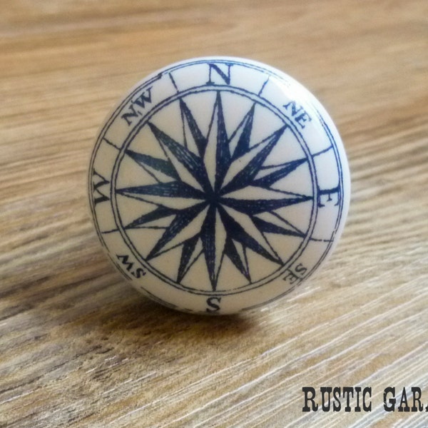 1.5" Navy Blue and White Compass Ceramic Knob - Nautical Nursery Decor - Sailor Ocean Boating Boy Decorative Knob - Cabinet Kitchen Decor