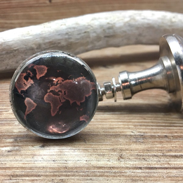 SET OF 2 - World Globe Map Knobs - Black and Coppery Brown Atlas Glass Knob - Nautical Adventurer Nursery Decor - Sailor Traveler's Knob