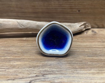 Ivory and Blue Melted Glass Knob Crater Crackled Ivory with Gold Edge Ceramic Knob - Neutral and Gold Cabinet Decor