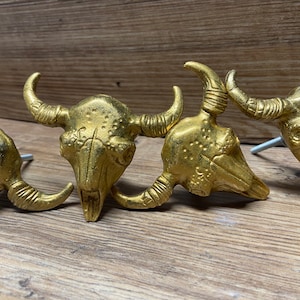 May include: Four gold-colored bull skull cabinet knobs with silver screws. The knobs are detailed with textured surfaces and curved horns. The knobs are arranged on a wooden surface.