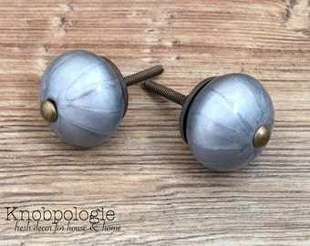 SET OF 2 Swirl Grey Shiny Silver Grey Marbled - Neutral Stone Look Ceramic Knob -