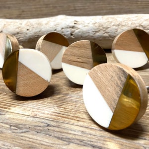 Tricolor Ivory, Distressed Brass, and Natural Wood Knob Round Wood and Cream Resin Wooden Knob Modern Abstract Drawer Pull image 8
