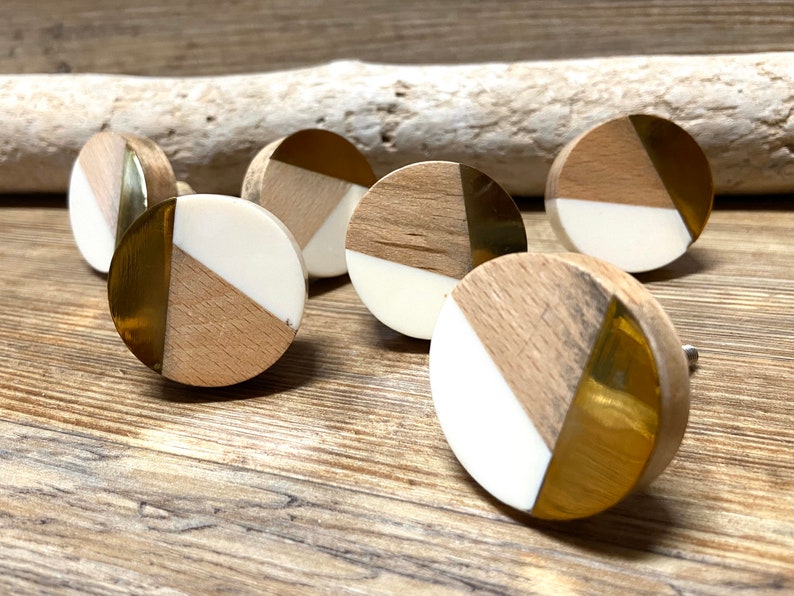 Tricolor Ivory, Distressed Brass, and Natural Wood Knob Round Wood and Cream Resin Wooden Knob Modern Abstract Drawer Pull image 8